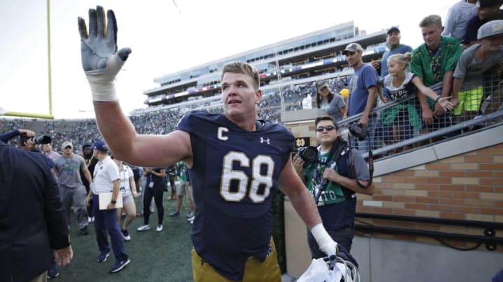 SOUTH BEND, IN - SEPTEMBER 02: Mike McGlinchey #68 of the Notre Dame Fighting Irish celebrates as he leaves the field following a game against the Temple Owls at Notre Dame Stadium on September 2, 2017 in South Bend, Indiana. The Irish won 49-16. (Photo by Joe Robbins/Getty Images)