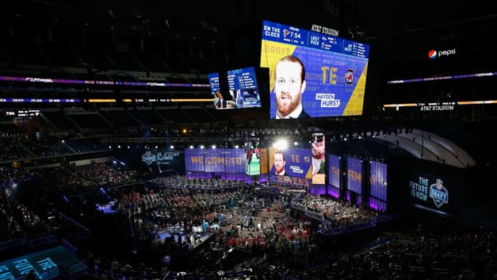 ARLINGTON, TX - APRIL 26: A video board displays an image of Hayden Hurst of South Carolina after he was picked #25 overall by the Baltimore Ravens during the first round of the 2018 NFL Draft at AT&T Stadium on April 26, 2018 in Arlington, Texas. (Photo by Tim Warner/Getty Images)