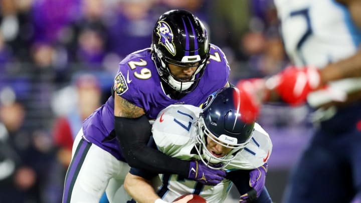 BALTIMORE, MARYLAND – JANUARY 11: Earl Thomas III #29 of the Baltimore Ravens sacks Ryan Tannehill #17 of the Tennessee Titans during the first quarter in the AFC Divisional Playoff game at M&T Bank Stadium on January 11, 2020, in Baltimore, Maryland. (Photo by Maddie Meyer/Getty Images)