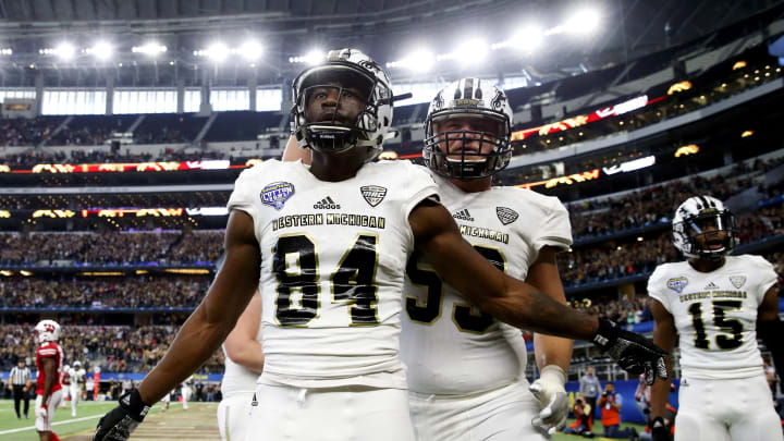 Jan 2, 2017; Arlington, TX, USA; Western Michigan Broncos wide receiver Corey Davis (84) reacts after catching a touchdown pass during the second half of the 2017 Cotton Bowl against the Wisconsin Badgers at AT&T Stadium. Mandatory Credit: Kevin Jairaj-USA TODAY Sports