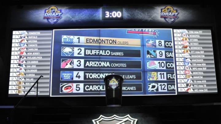 Jun 26, 2015; Sunrise, FL, USA; A general view of the podium on stage before the first round of the 2015 NHL Draft at BB&T Center. Mandatory Credit: Steve Mitchell-USA TODAY Sports Jun 26, 2015; Sunrise, FL, USA; A general view of the podium on stage before the first round of the 2015 NHL Draft at BB&T Center. Mandatory Credit: Steve Mitchell-USA TODAY Sports