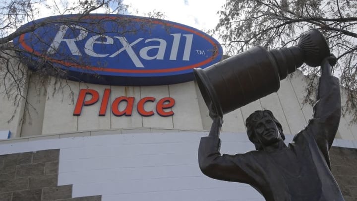 Apr 6, 2016; Edmonton, Alberta, CAN; The Wayne Gretzky statue sits outside Rexall Place prior to the last game being played in the building at Rexall Place. Mandatory Credit: Perry Nelson-USA TODAY Sports