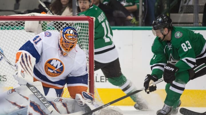 Mar 3, 2015; Dallas, TX, USA; New York Islanders goalie Jaroslav Halak (41) stops a shot by Dallas Stars right wing Ales Hemsky (83) during the first period at the American Airlines Center. Mandatory Credit: Jerome Miron-USA TODAY Sports