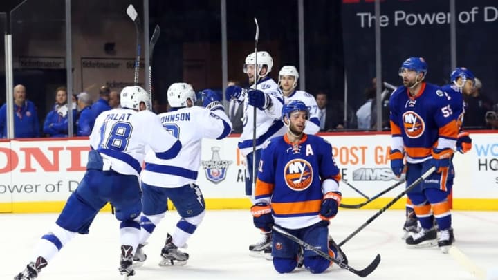 May 3, 2016; Brooklyn, NY, USA; Tampa Bay Lightning celebrates a goal in game three of the second round of the 2016 Stanley Cup Playoffs against the New York Islanders at Barclays Center. Tampa Bay Lightning won 5-4. Mandatory Credit: Anthony Gruppuso-USA TODAY Sports
