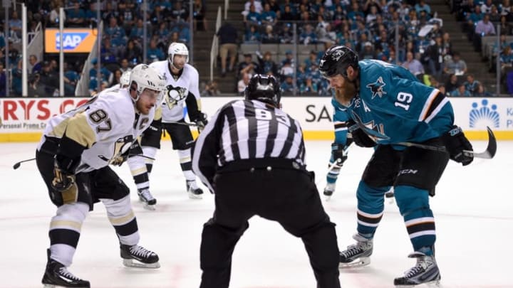 June 6, 2016; San Jose, CA, USA; Pittsburgh Penguins center Sidney Crosby (87) and San Jose Sharks center Joe Thornton (19) prepare for a faceoff during the third period in game four of the 2016 Stanley Cup Final at SAP Center at San Jose. The Penguins defeated the Sharks 3-1. Mandatory Credit: Kyle Terada-USA TODAY Sports