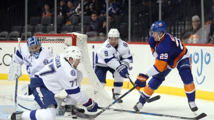 Nov 1, 2016; Brooklyn, NY, USA; Tampa Bay Lightning goalie Ben Bishop (30) and defenseman Victor Hedman (77) block a shot by New York Islanders center Brock Nelson (29) in front of Lightning center Tyler Johnson (9) during the second period at Barclays Center. Mandatory Credit: Brad Penner-USA TODAY Sports Nov 1, 2016; Brooklyn, NY, USA; Tampa Bay Lightning goalie Ben Bishop (30) and defenseman Victor Hedman (77) block a shot by New York Islanders center Brock Nelson (29) in front of Lightning center Tyler Johnson (9) during the second period at Barclays Center. Mandatory Credit: Brad Penner-USA TODAY Sports