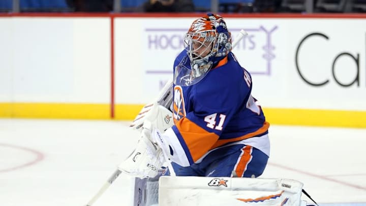 Nov 1, 2016; Brooklyn, NY, USA; New York Islanders goalie Jaroslav Halak (41) makes a save against the Tampa Bay Lightning during the third period at Barclays Center. Mandatory Credit: Brad Penner-USA TODAY Sports