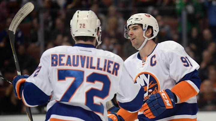 November 22, 2016; Anaheim, CA, USA; New York Islanders center John Tavares (91) celebrates with left wing Anthony Beauvillier (72) his goal scored against the Anaheim Ducks during the first period at Honda Center. Mandatory Credit: Gary A. Vasquez-USA TODAY Sports