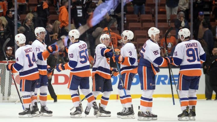 November 22, 2016; Anaheim, CA, USA; New York Islanders celebrate the 3-2 shootout victory against the Anaheim Ducks during at Honda Center. Mandatory Credit: Gary A. Vasquez-USA TODAY Sports November 22, 2016; Anaheim, CA, USA; New York Islanders celebrate the 3-2 shootout victory against the Anaheim Ducks during at Honda Center. Mandatory Credit: Gary A. Vasquez-USA TODAY Sports
