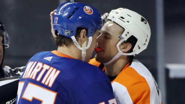 NEW YORK, NEW YORK - SEPTEMBER 18: Carsen Twarynski #81 of the Philadelphia Flyers goes up against Matt Martin #17 of the New York Islanders during the second period at the Barclays Center on September 18, 2018 in the Brooklyn borough of New York City. (Photo by Bruce Bennett/Getty Images) NEW YORK, NEW YORK - SEPTEMBER 18: Carsen Twarynski #81 of the Philadelphia Flyers goes up against Matt Martin #17 of the New York Islanders during the second period at the Barclays Center on September 18, 2018 in the Brooklyn borough of New York City. (Photo by Bruce Bennett/Getty Images)