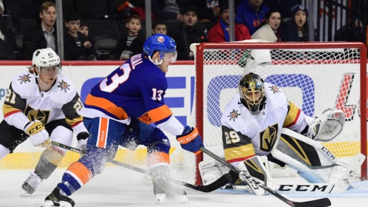 NEW YORK, NEW YORK - DECEMBER 12: Mathew Barzal #13 of the New York Islanders attempts a shot on goal during the second period of the game against the Vegas Golden Knights at Barclays Center on December 12, 2018 in New York City. (Photo by Sarah Stier/Getty Images)