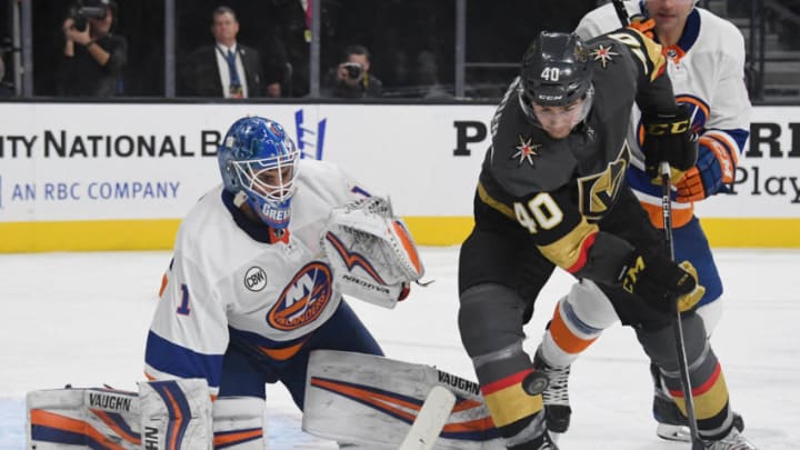 LAS VEGAS, NEVADA - DECEMBER 20: Ryan Carpenter #40 of the Vegas Golden Knights tries to control a rebound against Thomas Greiss #1 of the New York Islanders in the second period of their game at T-Mobile Arena on December 20, 2018 in Las Vegas, Nevada. The Golden Knights defeated the Islanders 4-2. (Photo by Ethan Miller/Getty Images)