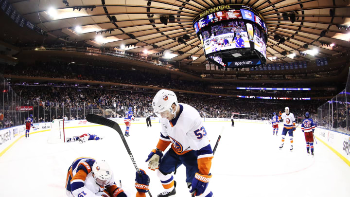 NEW YORK, NEW YORK – JANUARY 10: Josh Bailey #12 of the New York Islanders celebrates after scoring the winning goal against Henrik Lundqvist #30 of the New York Rangers in the third period during their game at Madison Square Garden on January 10, 2019 in New York City. (Photo by Al Bello/Getty Images)