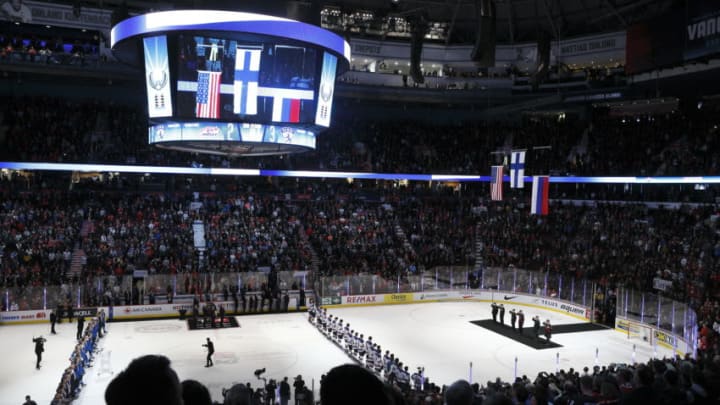 VANCOUVER , BC - JANUARY 5: A general view of the Finnish, American and Russian flags being raised following the gold medal match between Finland and the United States at the IIHF World Junior Championships at Rogers Arena on January 5, 2019 in Vancouver, British Columbia, Canada. (Photo by Kevin Light/Getty Images) VANCOUVER , BC - JANUARY 5: A general view of the Finnish, American and Russian flags being raised following the gold medal match between Finland and the United States at the IIHF World Junior Championships at Rogers Arena on January 5, 2019 in Vancouver, British Columbia, Canada. (Photo by Kevin Light/Getty Images)