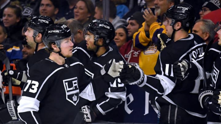 LOS ANGELES, CALIFORNIA - JANUARY 21: Tyler Toffoli #73 of the Los Angeles Kings celebrates his goal with the bench to trail 2-1 to the St. Louis Blues during the first period at Staples Center on January 21, 2019 in Los Angeles, California. (Photo by Harry How/Getty Images)
