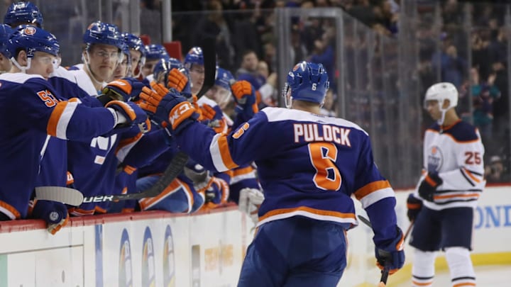 NEW YORK, NEW YORK – FEBRUARY 16: Ryan Pulock #6 of the New York Islanders celebrates his power-play goal at 3:02 of the second period against the Edmonton Oilers at the Barclays Center on February 16, 2019 in the Brooklyn borough of New York City. (Photo by Bruce Bennett/Getty Images)