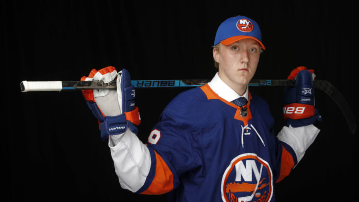 Simon Holmstrom poses for a portrait after being selected twenty-third overall by the New York Islanders during the first round of the 2019 NHL Draft at Rogers Arena on June 21, 2019 in Vancouver, Canada. (Photo by Kevin Light/Getty Images)