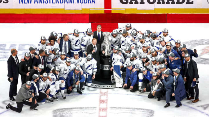 EDMONTON, ALBERTA - SEPTEMBER 28: NHL commissioner Gary Bettman presents the Tampa Bay Lightning with the Stanley Cup following their series-winning victory over the Dallas Stars in Game Six of the 2020 NHL Stanley Cup Final at Rogers Place on September 28, 2020 in Edmonton, Alberta, Canada. (Photo by Bruce Bennett/Getty Images)