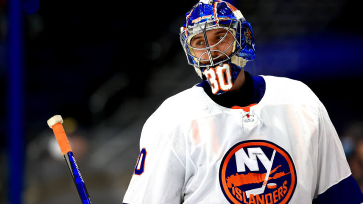 TAMPA, FLORIDA - JUNE 21: Ilya Sorokin #30 of the New York Islanders looks on during the second period against the Tampa Bay Lightning in Game Five of the Stanley Cup Semifinals during the 2021 Stanley Cup Playoffs at Amalie Arena on June 21, 2021 in Tampa, Florida. (Photo by Mike Ehrmann/Getty Images)