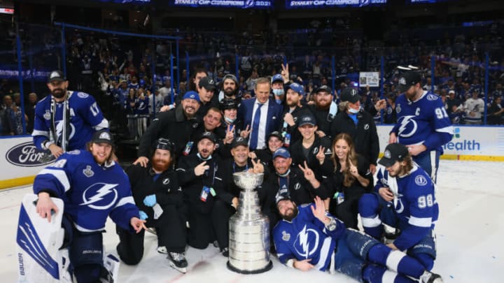 TAMPA, FLORIDA - JULY 07: The Tampa Bay Lightning celebrate after defeating the Montreal Canadiens 1-0 in Game Five to win the 2021 NHL Stanley Cup Final at Amalie Arena on July 07, 2021 in Tampa, Florida. (Photo by Bruce Bennett/Getty Images)
