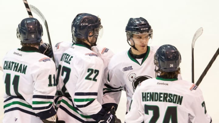 WINDSOR, ON - FEBRUARY 21: Connor Chatham #11, Matt Mistele #22, Mathieu Henderson #24 and Yannick Rathgeb #27 of the Plymouth Whalers celebrate a goal on the Sarnia Sting on February 21, 2014 at the RBC Centre in Sarnia, Ontario, Canada. (Photo by Dennis Pajot/Getty Images)