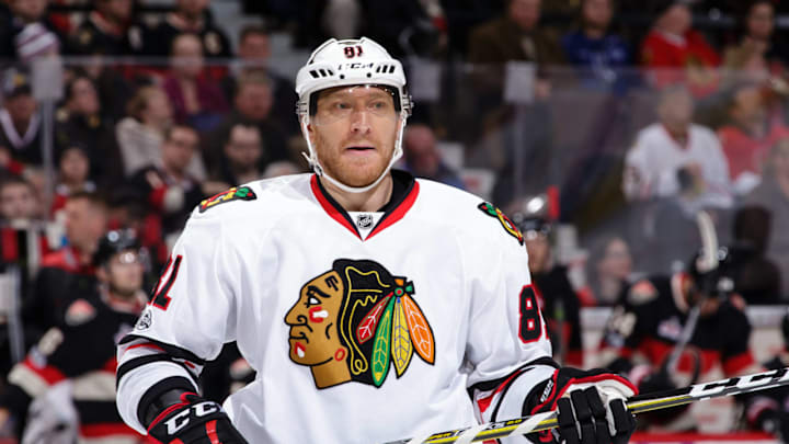 OTTAWA, ON – MARCH 16: Playing in his 1300th career NHL game, Marian Hossa #81of the Chicago Blackhawks looks on against the Ottawa Senators at Canadian Tire Centre on March 16, 2017 in Ottawa, Ontario, Canada. (Photo by Jana Chytilova/Freestyle Photography/Getty Images) *** Local Caption ***