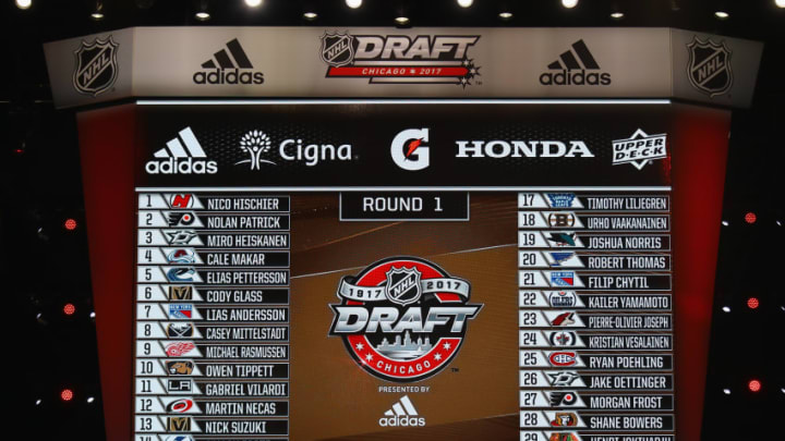 CHICAGO, IL - JUNE 24: A general view of the first round draft picks board during the 2017 NHL Draft at the United Center on June 24, 2017 in Chicago, Illinois. (Photo by Bruce Bennett/Getty Images)