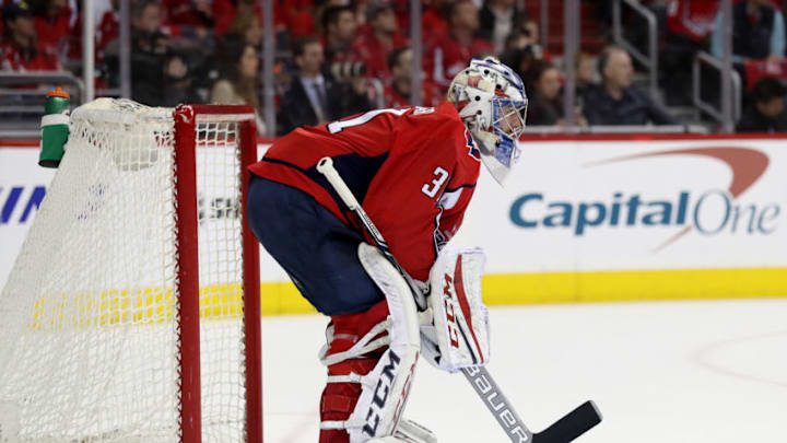 WASHINGTON, DC - APRIL 15: Goalie Philipp Grubauer #31 of the Washington Capitals follows the puck against the Columbus Blue Jackets during Game Two of the Eastern Conference First Round during the 2018 NHL Stanley Cup Playoffs at Capital One Arena on April 15, 2018 in Washington, DC. (Photo by Rob Carr/Getty Images) WASHINGTON, DC - APRIL 15: Goalie Philipp Grubauer #31 of the Washington Capitals follows the puck against the Columbus Blue Jackets during Game Two of the Eastern Conference First Round during the 2018 NHL Stanley Cup Playoffs at Capital One Arena on April 15, 2018 in Washington, DC. (Photo by Rob Carr/Getty Images)