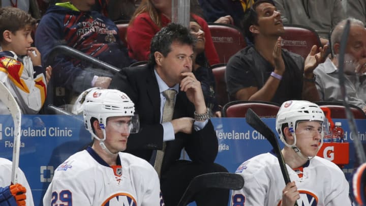 SUNRISE, FL - APRIL 15: Head coach Jack Capuano of the New York Islanders looks on as the officials hand out penalties after a fight against the Florida Panthers in Game Two of the Eastern Conference Quarterfinals during the NHL 2016 Stanley Cup Playoffs at the BB