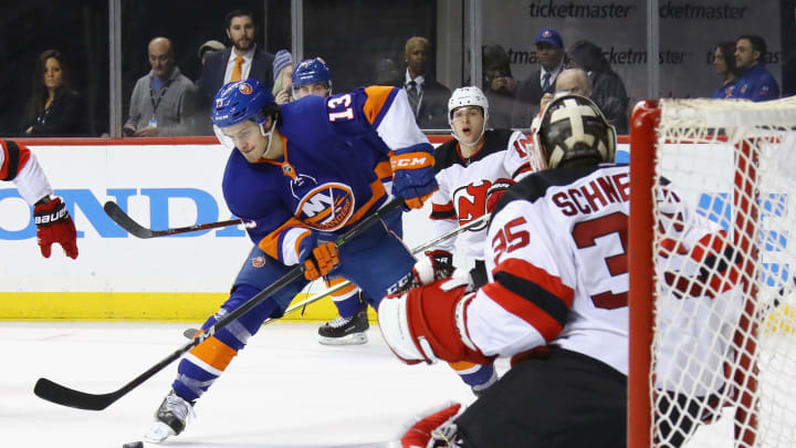 NEW YORK, NY – JANUARY 07: Mathew Barzal #13 of the New York Islanders skates against the New Jersey Devils at the Barclays Center on January 7, 2018 in the Brooklyn borough of New York City. The Islanders defeated the Devils 5-4 in the shootout. (Photo by Bruce Bennett/Getty Images)