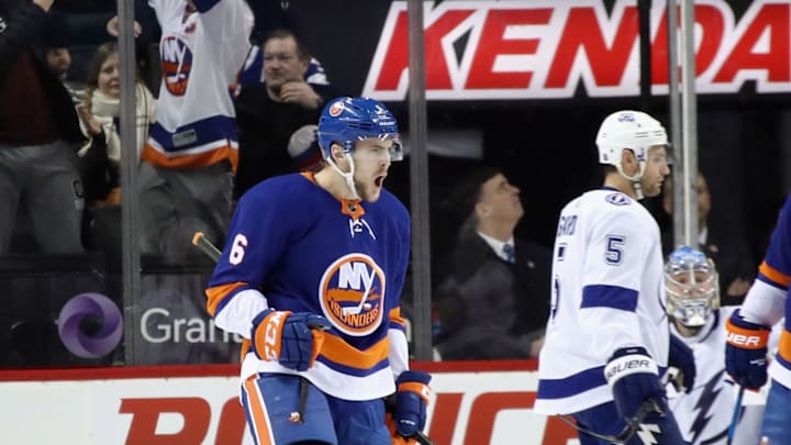 NEW YORK, NY – MARCH 22: Ryan Pulock #6 of the New York Islanders celebrates his powerplay goal at 10:24 of the first period against the Tampa Bay Lightning at the Barclays Center on March 22, 2018 in the Brooklyn borough of New York City. (Photo by Bruce Bennett/Getty Images)