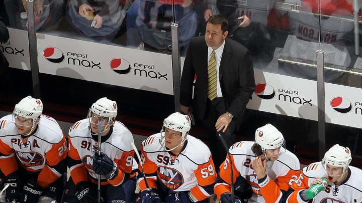 NEWARK, NJ – APRIL 10: Head coach Scott Gordon of the New York Islanders looks on against the New Jersey Devils at the Prudential Center on April 10, 2010 in Newark, New Jersey. (Photo by Jim McIsaac/Getty Images)