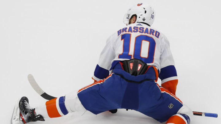 Sep 15, 2020; Edmonton, Alberta, CAN;New York Islanders forward Derick Brassard (10) stretches during warmup against the Tampa Bay Lightning in game five of the Eastern Conference Final of the 2020 Stanley Cup Playoffs at Rogers Place. Mandatory Credit: Perry Nelson-USA TODAY Sports