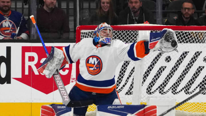 Oct 24, 2021; Las Vegas, Nevada, USA; New York Islanders goaltender Ilya Sorokin (30) makes a save in the first period against the Vegas Golden Knights at T-Mobile Arena. Mandatory Credit: Kirby Lee-USA TODAY Sports