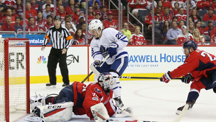 Apr 15, 2017; Washington, DC, USA; Washington Capitals goalie Braden Holtby (70) makes a save on Toronto Maple Leafs right wing William Nylander (29) in the second period in game two of the first round of the 2017 Stanley Cup Playoffs at Verizon Center. The Maple Leafs won 4-3 in double overtime. Mandatory Credit: Geoff Burke-USA TODAY Sports