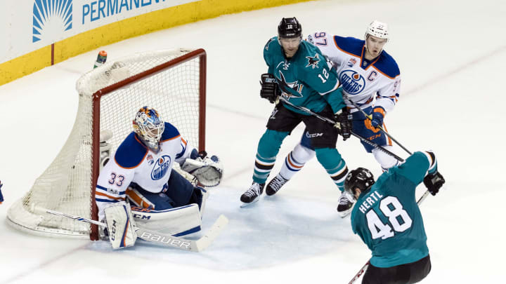Apr 16, 2017; San Jose, CA, USA;San Jose Sharks center Tomas Hertl (48) misses a shot against Edmonton Oilers goalie Cam Talbot (33) in the third period of game three in the first round of the 2017 Stanley Cup Playoffs at SAP Center at San Jose. The Oilers won 1-0. Mandatory Credit: John Hefti-USA TODAY Sports