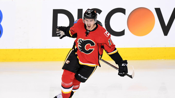 Apr 17, 2017; Calgary, Alberta, CAN; Calgary Flames center Mikael Backlund (11) celebrates the goal by defenseman Michael Stone (26)(not pictured) against the Anaheim Ducks in game three of the first round of the 2017 Stanley Cup Playoffs at Scotiabank Saddledome. Mandatory Credit: Candice Ward-USA TODAY Sports
