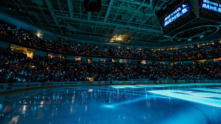 Apr 22, 2017; San Jose, CA, USA; General view before game six of the first round of the 2017 Stanley Cup Playoffs between the San Jose Sharks and the Edmonton Oilers at SAP Center at San Jose. The Edmonton Oilers defeated the San Jose Sharks 3-1 to win the series. Mandatory Credit: Kelley L Cox-USA TODAY Sports