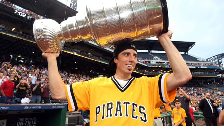 Jun 13, 2017; Pittsburgh, PA, USA; Pittsburgh Penguins goalie Marc-Andre Fleury (29) carries the Stanley Cup onto the field before the Pittsburgh Pirates play the Colorado Rockies at PNC Park. Mandatory Credit: Charles LeClaire-USA TODAY Sports