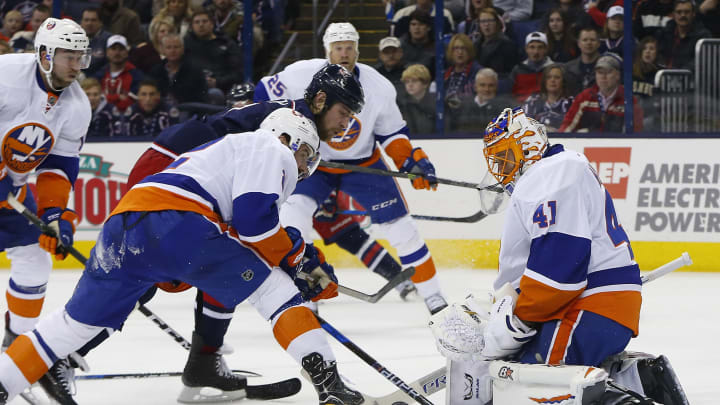 Dec 10, 2016; Columbus, OH, USA; New York Islanders goalie Jaroslav Halak (41) makes a save against the Columbus Blue Jackets during the second period at Nationwide Arena. Mandatory Credit: Russell LaBounty-USA TODAY Sports