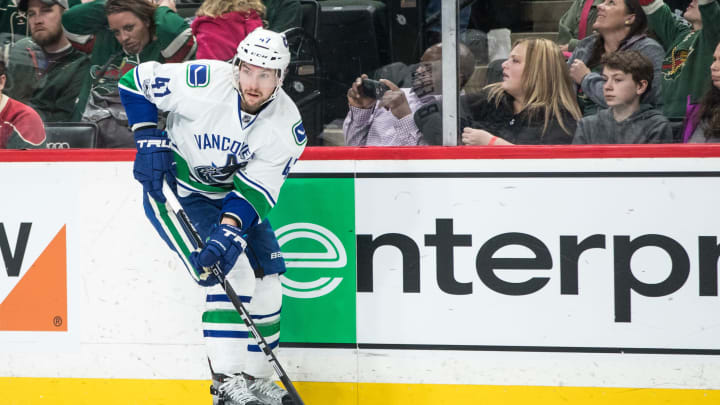 Mar 25, 2017; Saint Paul, MN, USA; Vancouver Canucks forward Sven Baertschi (47) against the Minnesota Wild at Xcel Energy Center. The Canucks defeated the Wild 4-2. Mandatory Credit: Brace Hemmelgarn-USA TODAY Sports