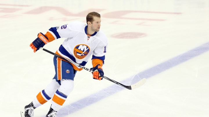 Mar 24, 2017; Pittsburgh, PA, USA; New York Islanders left wing Josh Bailey (12) skates during warm-ups before playing the Pittsburgh Penguins at the PPG PAINTS Arena. The Islanders won 4-3 in a shootout. Mandatory Credit: Charles LeClaire-USA TODAY Sports