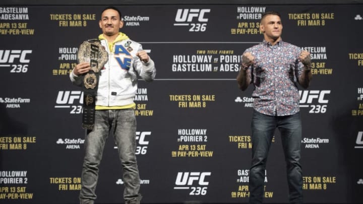 LAS VEGAS, NV - MARCH 01: UFC featherweight Champion Max Holloway, left, and Dustin Poirier during the UFC 236 press conference at the T-Mobile Arena in Las Vegas, NV, Friday, Mar. 1, 2019. They will fight for the interim UFC lightweight championship. (Photo by Hans Gutknecht/MediaNews Group/Los Angeles Daily News via Getty Images)