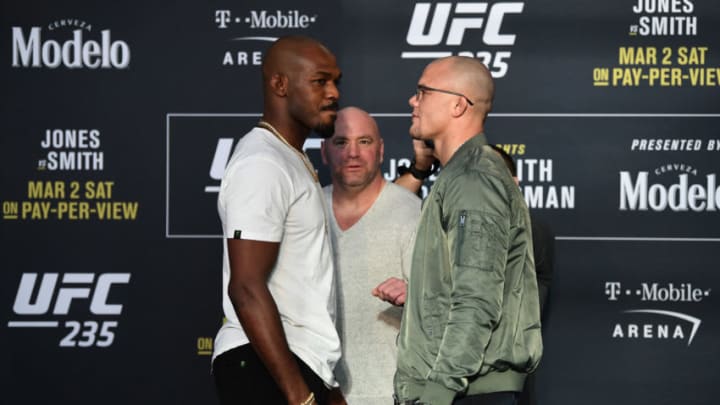 LAS VEGAS, NEVADA - FEBRUARY 27: (L-R) Jon Jones and Anthony Smith face off during the UFC 235 Ultimate Media Day at T-Mobile Arena on February 27, 2019 in Las Vegas, Nevada. (Photo by Jeff Bottari/Zuffa LLC/Zuffa LLC via Getty Images)