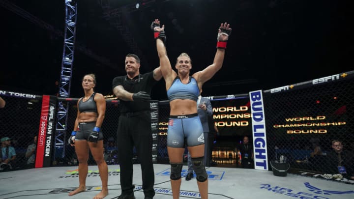 LONDON, ENGLAND - AUGUST 20: Kayla Harrison celebrates after defeating Martina Jindrova during PFL 9 at the Copper Box Arena on August 20, 2022 in London, England. (Photo by Cooper Neill/Getty Images)