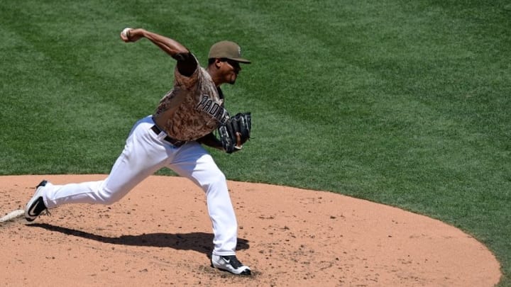 Jul 17, 2016; San Diego, CA, USA; San Diego Padres pitcher Edwin Jackson (33) pitches during the third inning against the San Francisco Giants at Petco Park. Mandatory Credit: Jake Roth-USA TODAY Sports