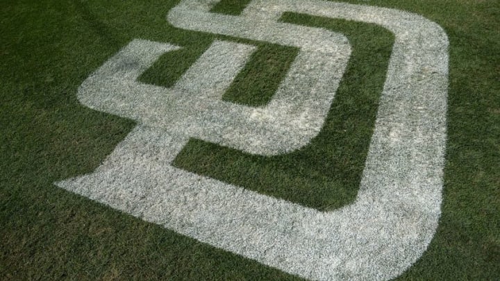 Oct 1, 2015; San Diego, CA, USA; A detailed view of the San Diego Padres logo on the field before the game against the Milwaukee Brewers at Petco Park. Mandatory Credit: Jake Roth-USA TODAY Sports