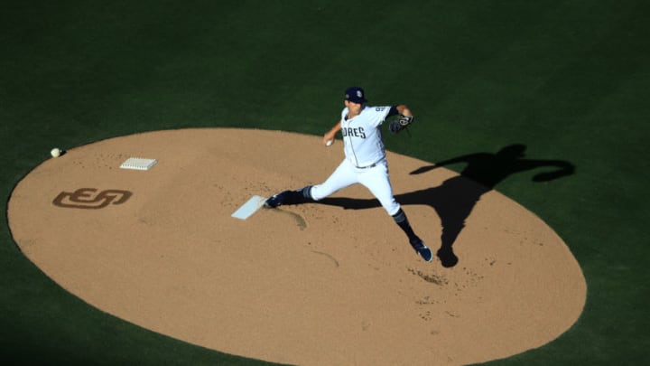 SAN DIEGO, CALIFORNIA - JULY 27: Cal Quantrill #40 of the San Diego Padres pitches during the first inning of a game against the San Francisco Giantsat PETCO Park on July 27, 2019 in San Diego, California. (Photo by Sean M. Haffey/Getty Images)