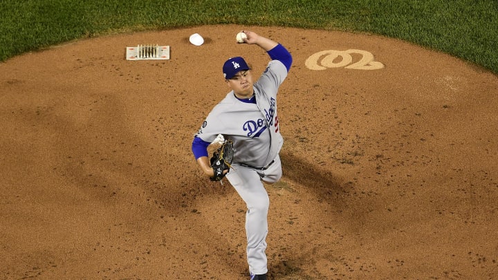 WASHINGTON, DC – OCTOBER 06: Hyun-Jin  Ryu #99 of the Los Angeles Dodgers pitches in the first inning against the Washington Nationals in Game 3 of the NLDS at Nationals Park on October 6, 2019 in Washington, DC. (Photo by Patrick McDermott/Getty Images)