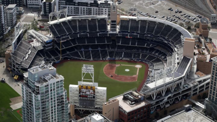 SAN DIEGO, CA - MARCH 20: An aerial view of Petco Park stadium on March 20, 2020 in San Diego, California. Major League Baseball has postponed the beginning of the 2020 season due to the coronavirus (COVID-19) pandemic. Photo by Sean M. Haffey/Getty Images)